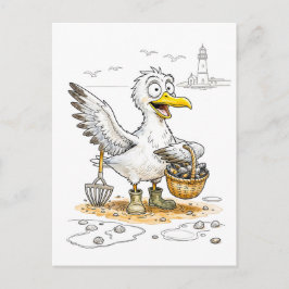 Comic Bird Collecting Shells Postkarte