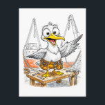 Comic Bird Shipyard Worker Postkarte<br><div class="desc">A hardworking coastal bird assists in shipyard duties,  surrounded by tools,  planks and maritime equipment. This comic‑style illustration blends nautical craftsmanship with playful charm,  perfect for fans of coastal industry themes and quirky character art.</div>