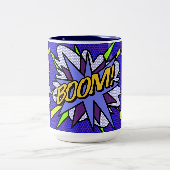 Comic Book BOOM Fun Cool Modern Zweifarbige Tasse (Mittel)