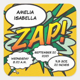 Comic Book Pop Art Birth Stats Personalisiert Quadratischer Aufkleber