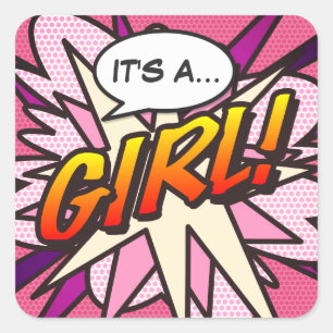 Comic-Book-Pop-Art ES IST EIN MÄDCHEN Geschlecht E Quadratischer Aufkleber