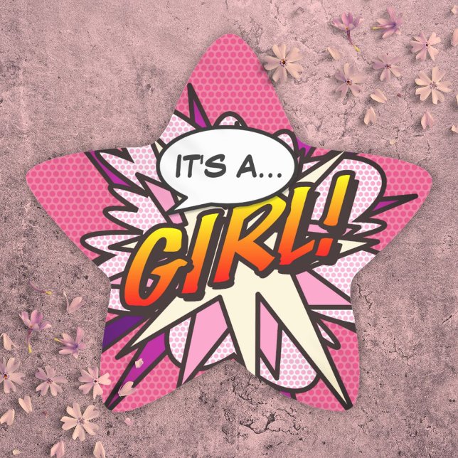 Comic Book Pop Art IT's a GIRL Gender Reveal Stern-Aufkleber (Its A Girl Fun Comic Book Baby Shower Pink Star Sticker)