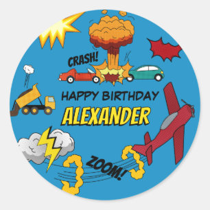 Comic Book Retro-LKW-Fahrzeuge Flugzeuge Geburtsta Runder Aufkleber