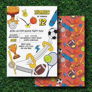 Comic-Book-Retro-Sport-Atletik-Bälle Geburtstag Einladung