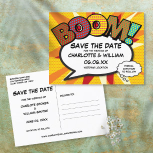 Comic-Book-Save-the-Date- BOOM Moderne Fun Ankündigungspostkarte