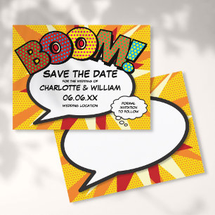 Comic-Book-Save-the-Date- BOOM Moderne Fun Ankündigungspostkarte
