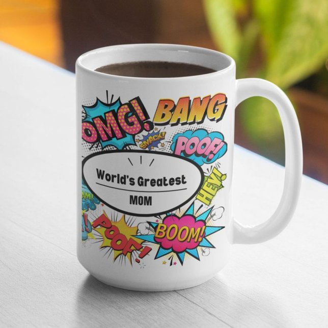 Comic Book Sounds World's Greatest Themed Kaffeetasse (Shown in 15oz. Available in other styles and sizes, as well as additional products.)