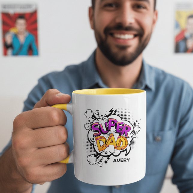 Comic Book Style Super Dad Personalized Name Kaffeetasse (Von Creator hochgeladen)