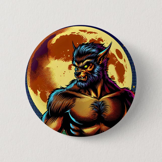 Comic Book Style Werewolf vor Vollmond Button (Vorderseite)