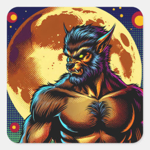 Comic Book Style Werewolf vor Vollmond Quadratischer Aufkleber