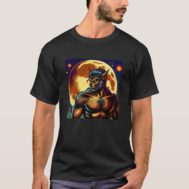 Comic Book Style Werewolf vor Vollmond T-Shirt (Vorderseite)