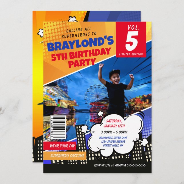 Comic Book Superhero Einladung zum Geburtstag (Vorne/Hinten)