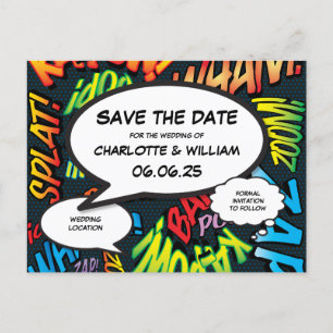 Comic-Book-Thema Hochzeit Superheld Save-the-Date Ankündigungspostkarte