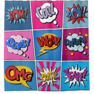 Comic Bubbles Set. Ausdrücke Bom, Cool, Pow, Oop Duschvorhang