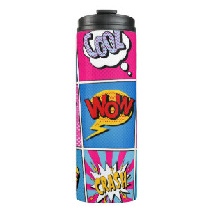 Comic Bubbles Set. Ausdrücke Bom, Cool, Pow, Oop Thermosbecher