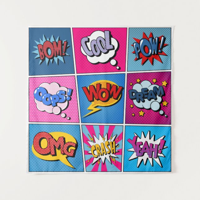 Comic Bubbles Set. Ausdrücke Bom, Cool, Pow, Oop Wandteppich (Vorderseite)