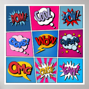 Comic Bubbles Set. Bom, Cool, Pow, Oop Poster