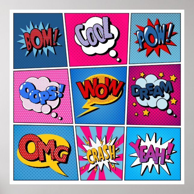 Comic Bubbles Set. Bom, Cool, Pow, Oop Poster (Vorne)