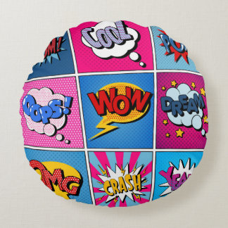 Comic Bubbles Set. Expressions Bom, Cool, Pow, Oop Rundes Kissen