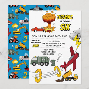 Comic-Buch-LKW-Autos-Fahrzeuge-Flugzeuge-Geburtsta Einladung
