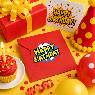 Comic Buch Style Happy Birthday Runder Aufkleber