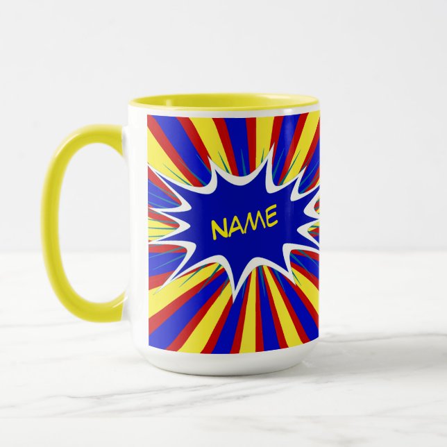 Comic Buch Superhero Personalisiert Name Kaffeemas Tasse (Links)