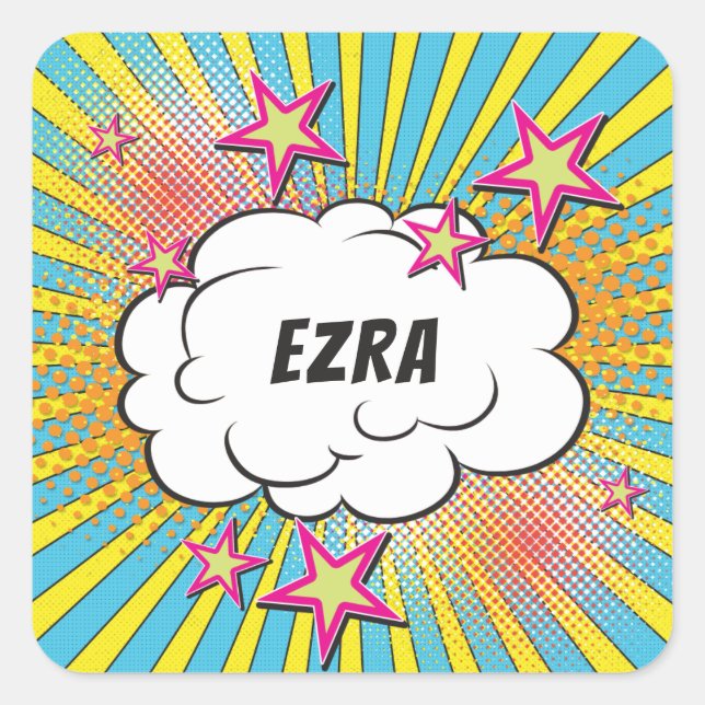 Comic Comic Book Bar or Bat Mitzvah Personalisiert Quadratischer Aufkleber (Vorderseite)
