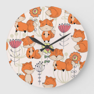 Comic-Fuchs, Blumen: Vintage-Handzeichnung-Muster Große Wanduhr