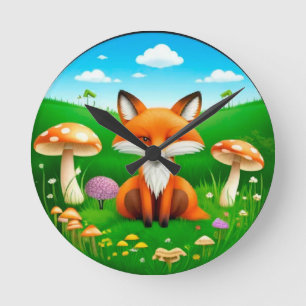 Comic-Fuchs in einem Wald Runde Wanduhr