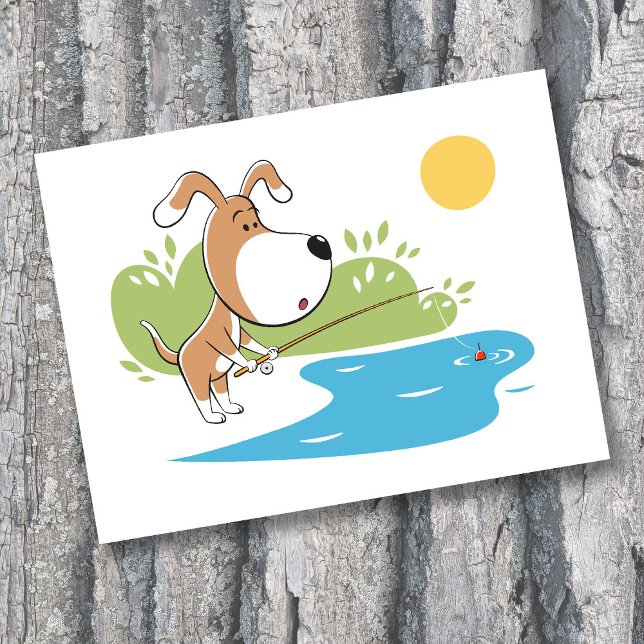 Comic Funny Süßer Hund Welpe Fischen Postkarte (Von Creator hochgeladen)
