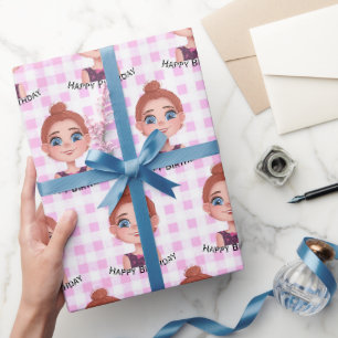 Comic-Geburtstagsmädchen mit großen Augen   Geschenkpapier