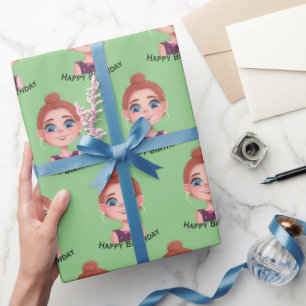 Comic-Geburtstagsmädchen mit großen Augen Geschenkpapier