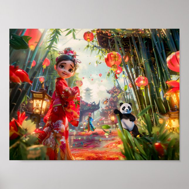 Comic Girl mit Panda im Bambuswald Poster (Vorne)