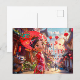 Comic Girl mit Parasol im Sonnenschein Feiertagspostkarte