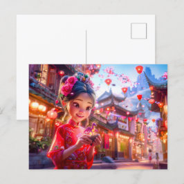 Comic Girl mit Small Hand Dragon Fantasie Feiertagspostkarte