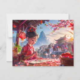 Comic Girl schreibt Kalligrafie im Mai Postkarte