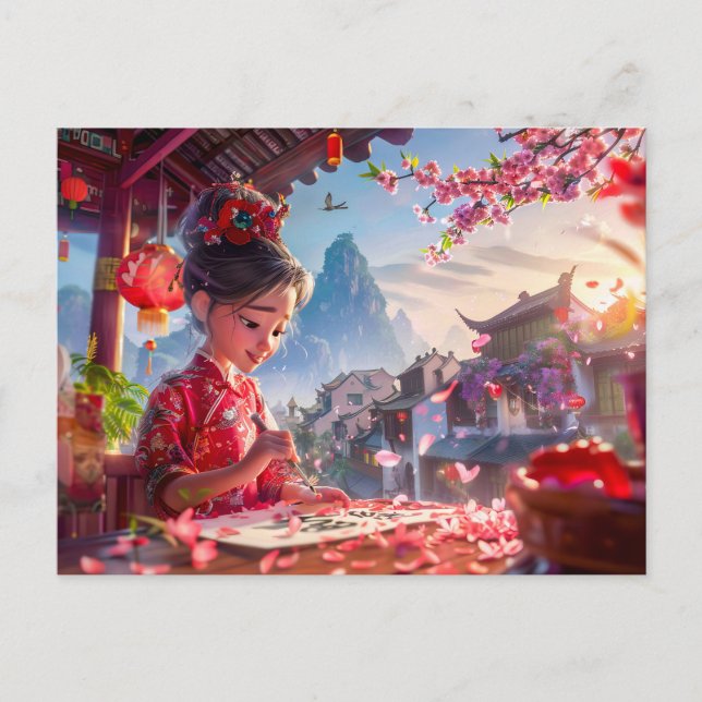 Comic Girl schreibt Kalligrafie im Mai Postkarte (Vorderseite)