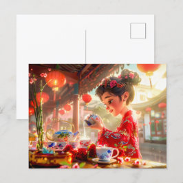 Comic Girl serviert Tee in traditioneller Umgebung Feiertagspostkarte