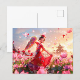 Comic Girl Tante mit traditionellem Lüfter Feiertagspostkarte