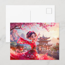 Comic Girl Tanzen mit Kirschblüten im März Feiertagspostkarte