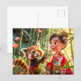 Comic Girl with Red Panda in Playful Scene Feiertagspostkarte