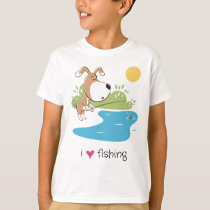Comic-Hund-Angler-Angler am See-Sonnen-Jungen T-Shirt