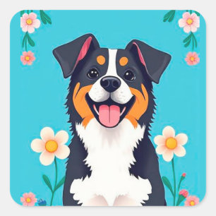 Comic-Hund umgeben von Blumen Quadratischer Aufkleber