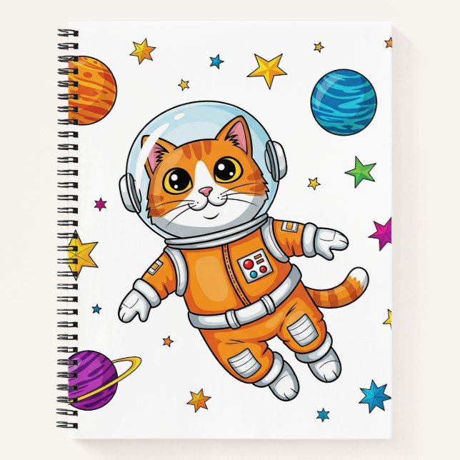 Comic-Katze-Astronaut schwebt im Weltraum Notizbuch (Vorderseite)
