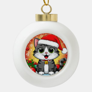 Comic-Katze mit Weihnachtsmannmütze und Weihnachts Keramik Kugel-Ornament