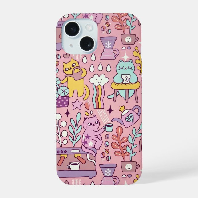 Comic-Katze Spaß auf Rosa iPhone 15 Hülle (Rückseite)