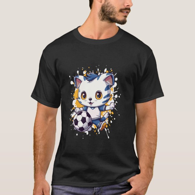 Comic Katze spielt Fußball T-Shirt (Vorderseite)