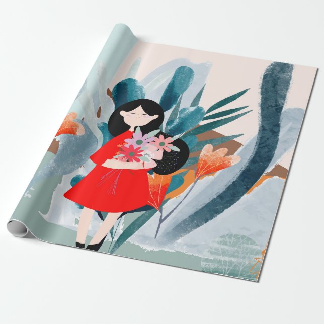 Comic-Kunst Mädchen im Wald Geschenkpapier (Ungerollt)
