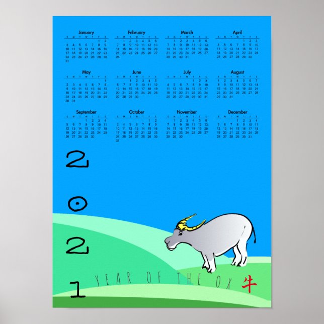 Comic Landschaft Ox Chinesischer Neujahrskalender  Poster (Vorne)