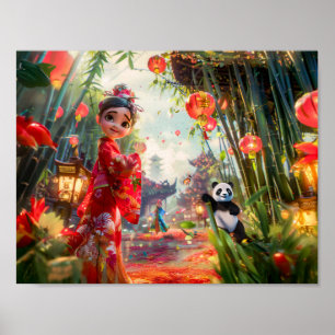Comic-Mädchen im Bambuswald mit Panda Poster